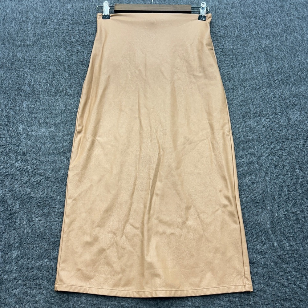 Commando Faux Patent Leather Midi Pencil Skirt M Tan Slit Hem Smoothing